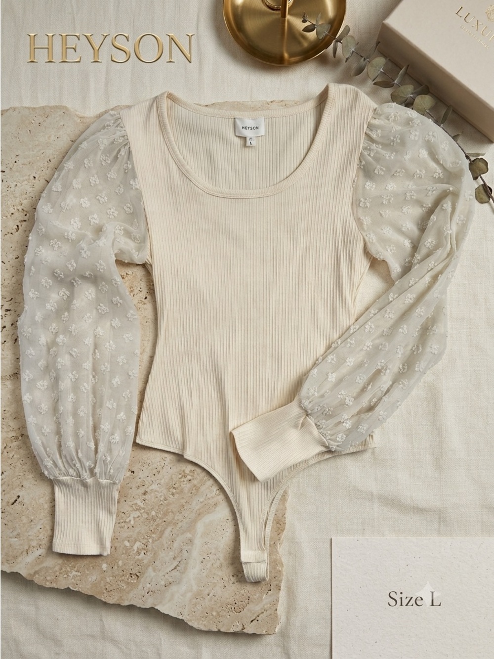 HEYSON Women’s Neutral Cream Ribbed Sheer Floral Puff Sleeve Bodysuit - L